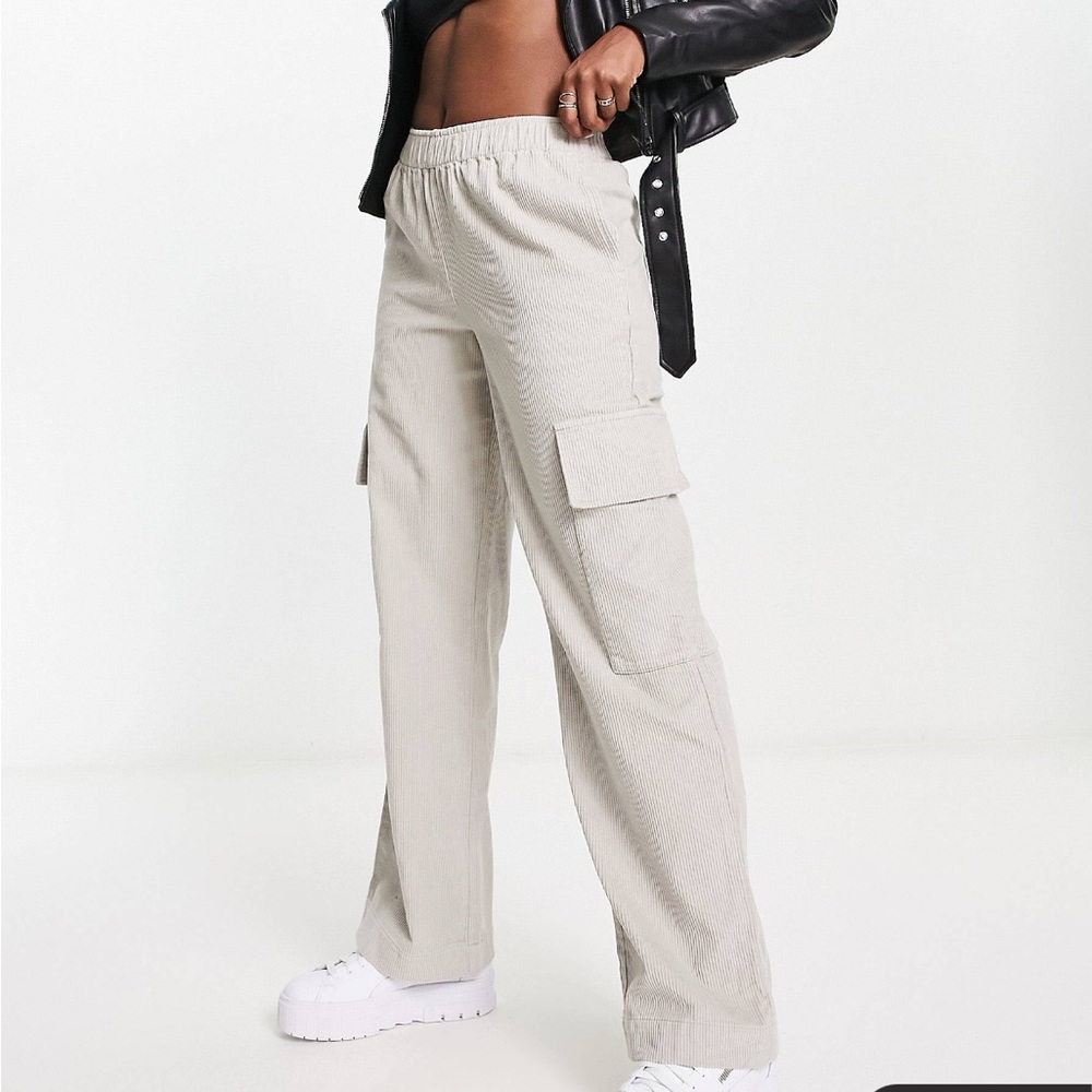 ASOS DESIGN pull-on cord wide leg pants with patch pockets in stone
